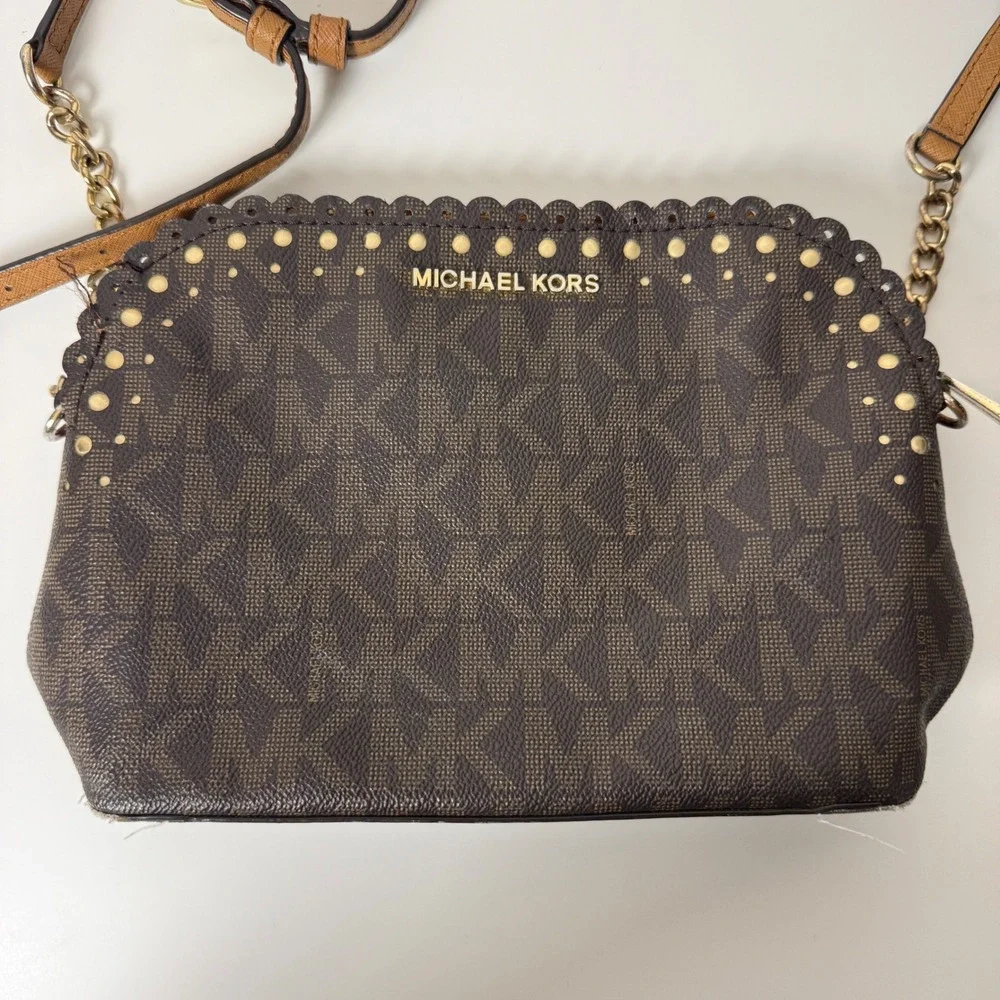 Michael Kors Signature Monogram Scallop Studded‎ Crossbody Bag Brown